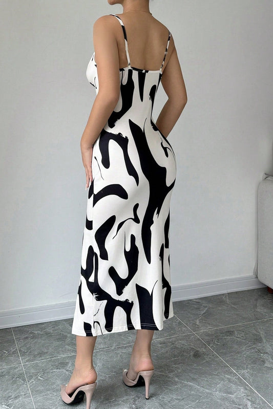 Black White Abstract Print Tie Front Spaghetti Strap Slit Midi Dress
