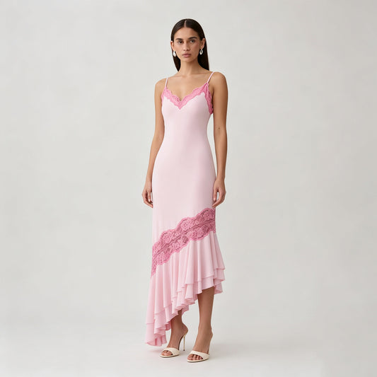 pink V-neck camisole maxi dress with asymmetrical lace splicing & cut-out