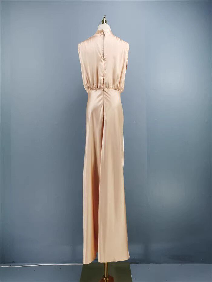 rose powder stand collar slit banquet dress