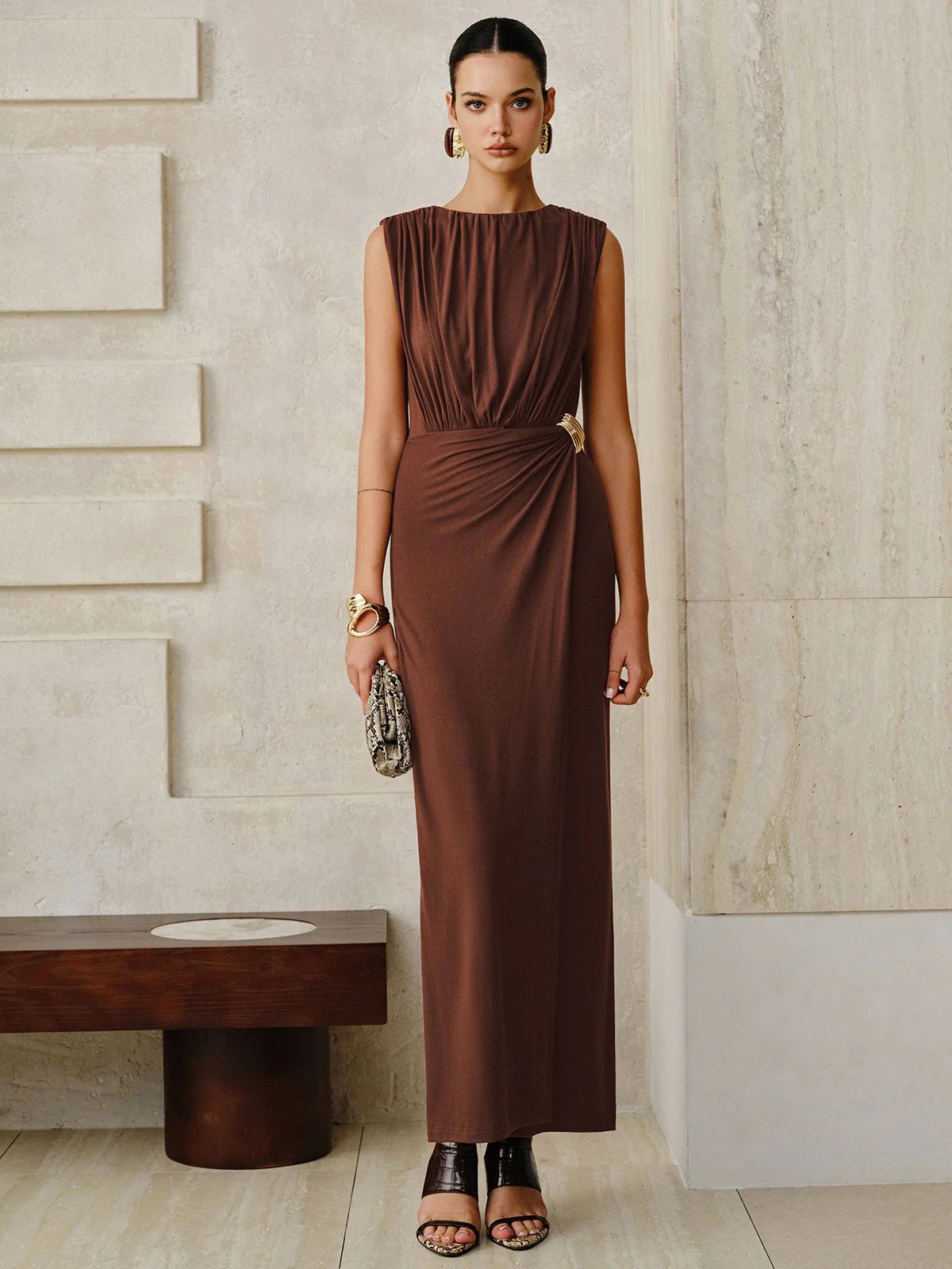 brown round neck sleeveless twisted maxi dress