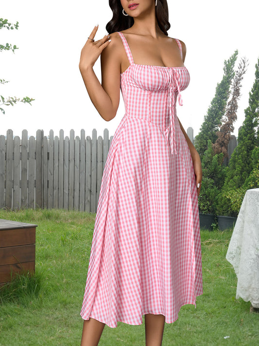 pink plaid herringbone slip slit backless chest tie long dress