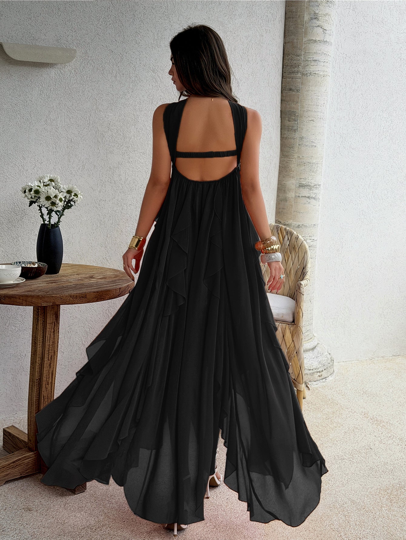 black bandeau layered ruffled dress