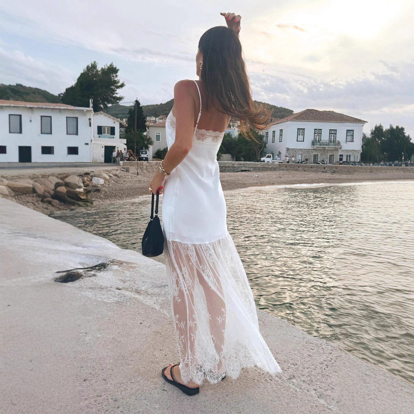 white lace satin slip dress