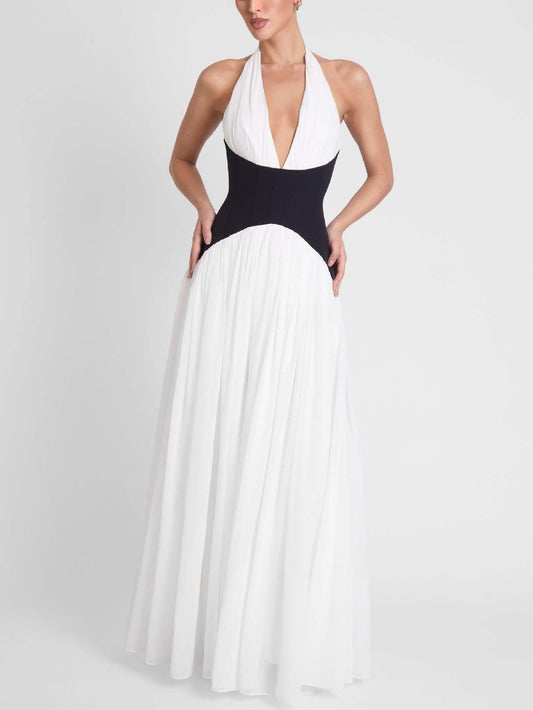 black and white suspender backless maxi dress