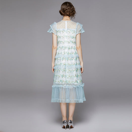 embroidered sheer layered mesh midi dress - blue & green