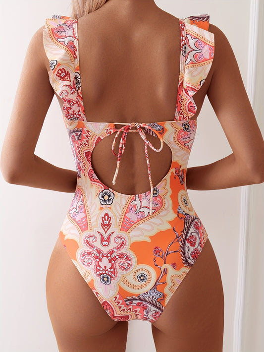 v-neck floral print ruffle bikini