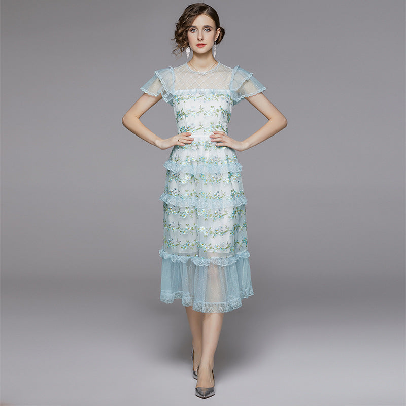 embroidered sheer layered mesh midi dress - blue & green