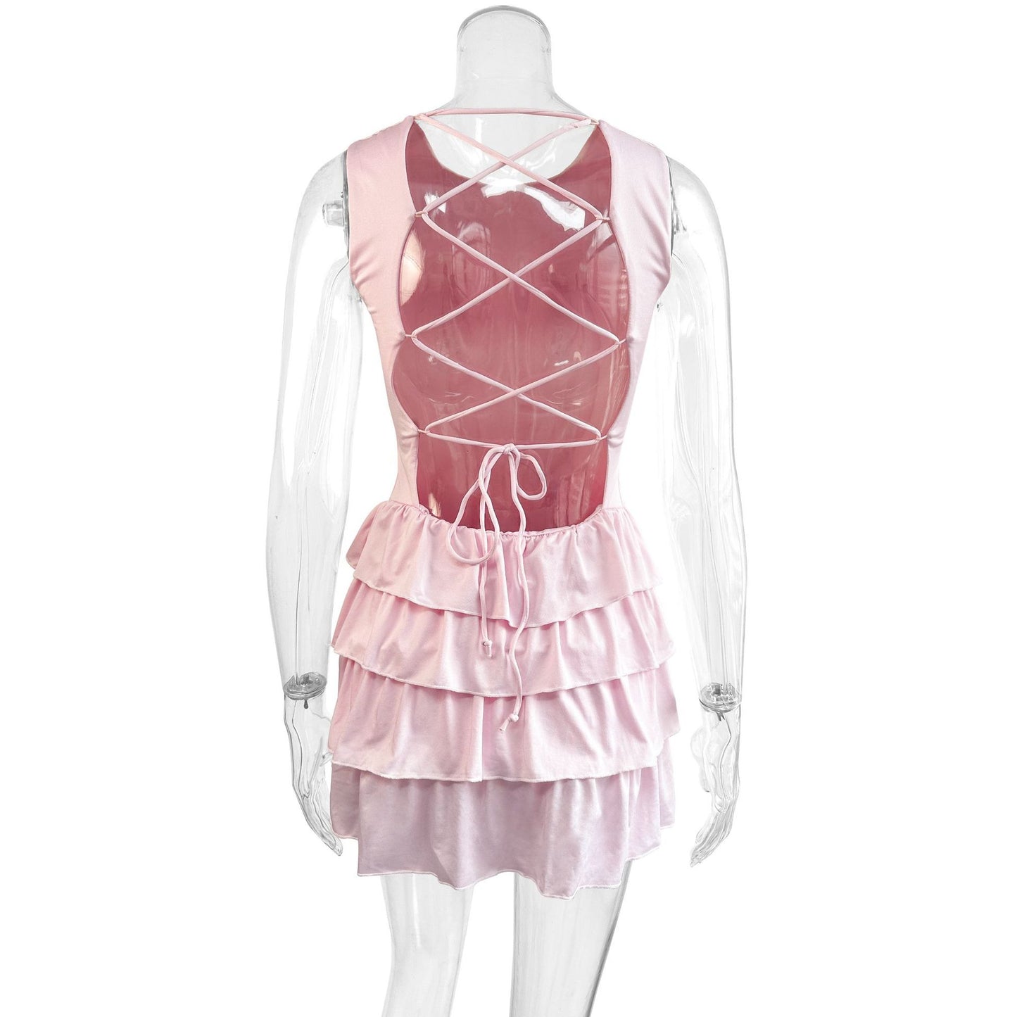 pink Sleeveless round neck tie-up mini dress