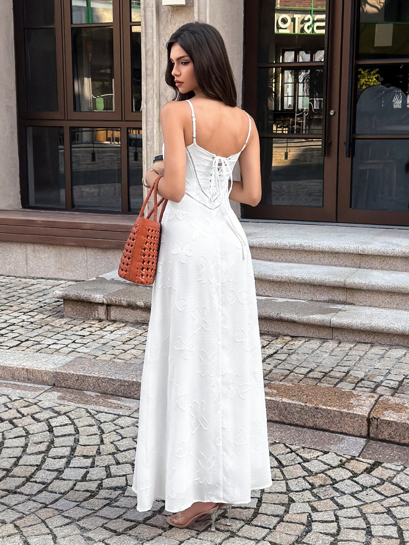 white jacquard suspender waist dress