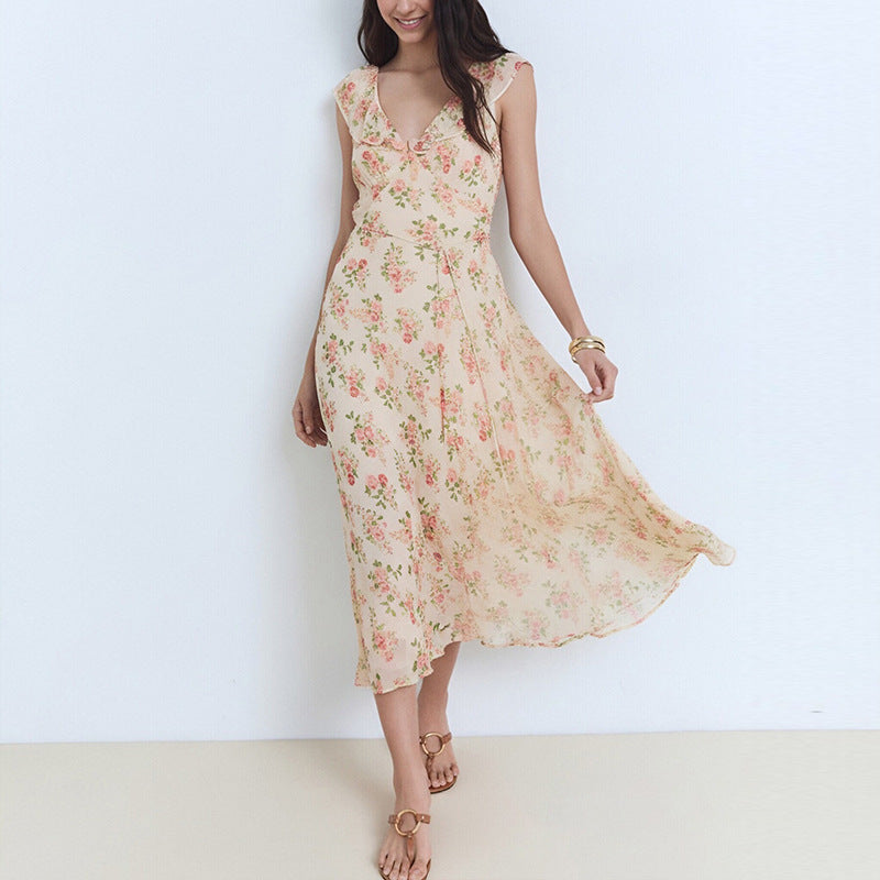 V-neck floral lace-up slim dress