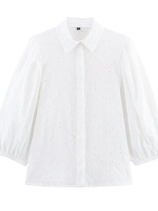 White Lap-up Collar Puffy Sleeve Hollow Embroidered Shirt