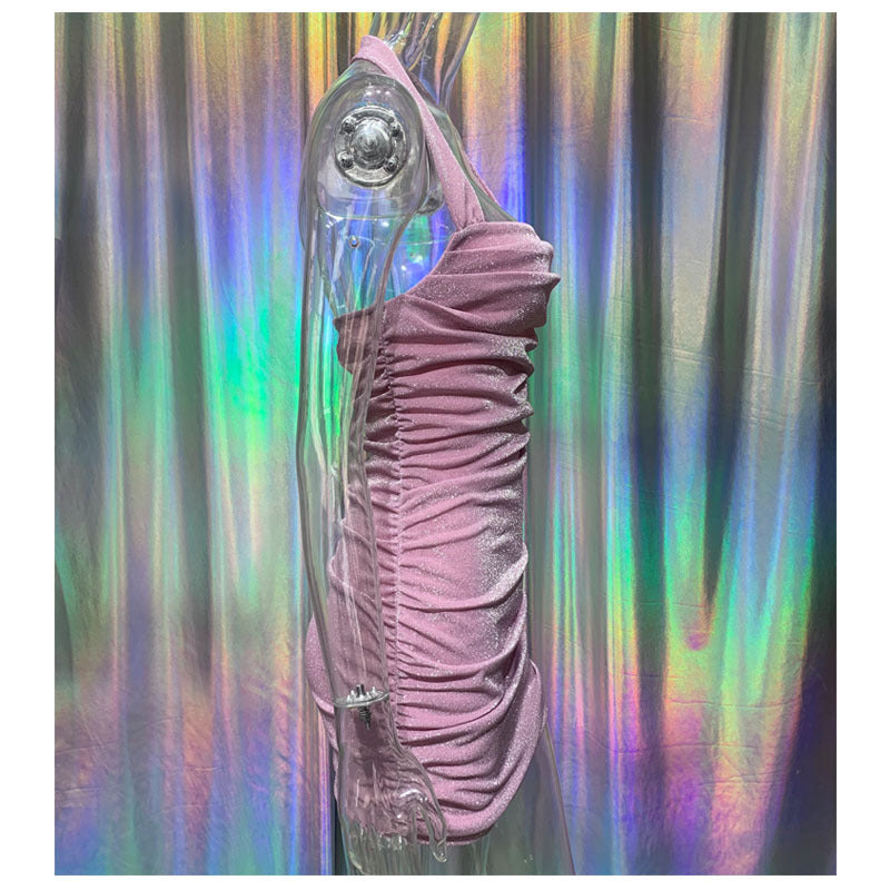 pink neckline backless halterneck mini dress