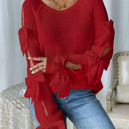 Red Knit Bow Sleeve Top Premium Fabric - product view 2