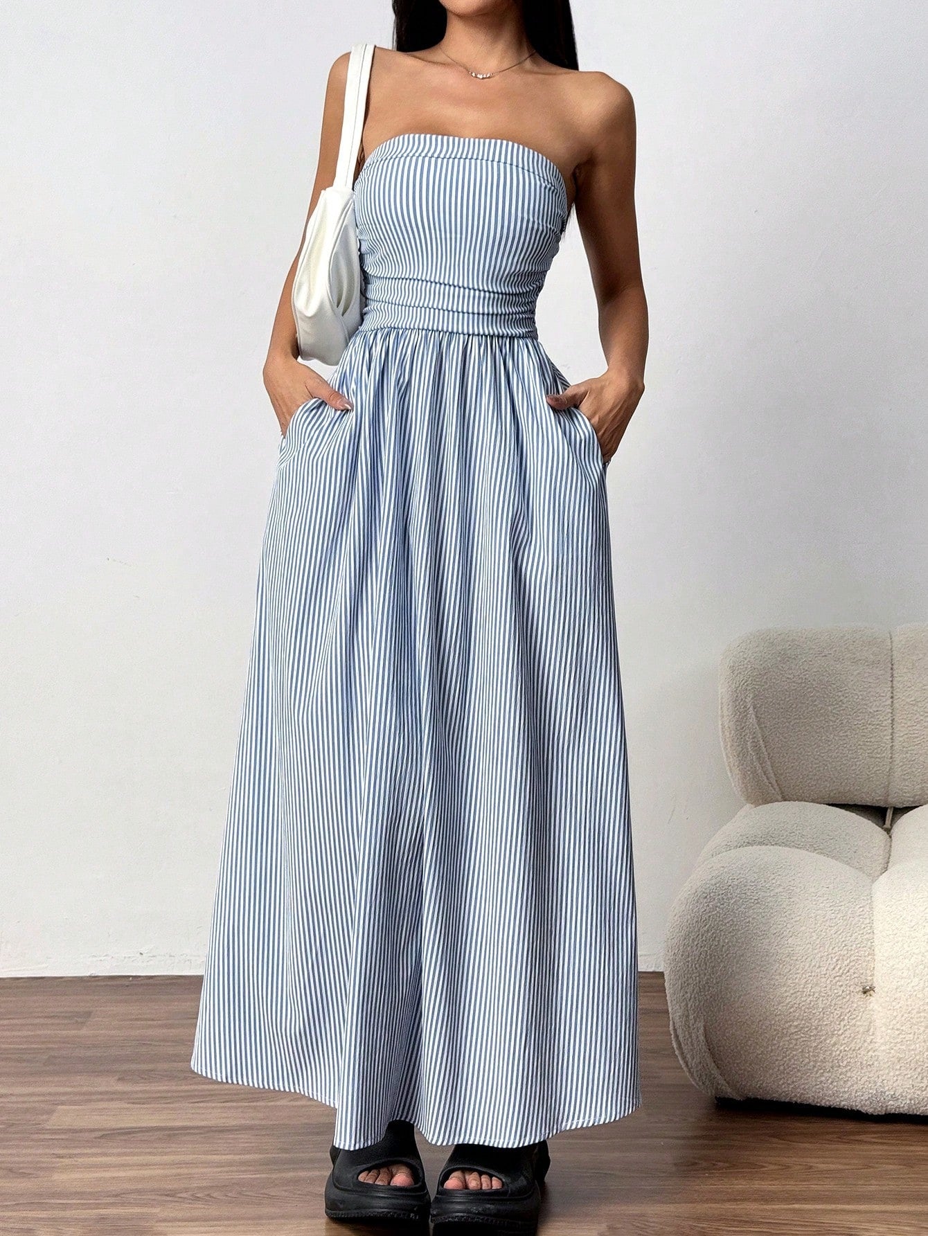 blue bandeau pocket long dress