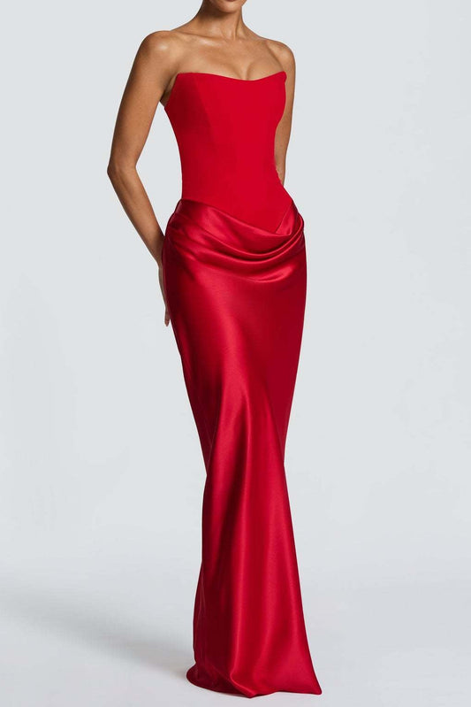red satin lace-up streamer dress