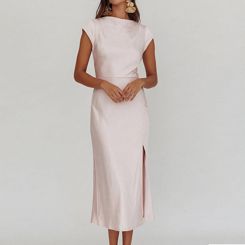 light pink Crew Neck Slit Slim Dress