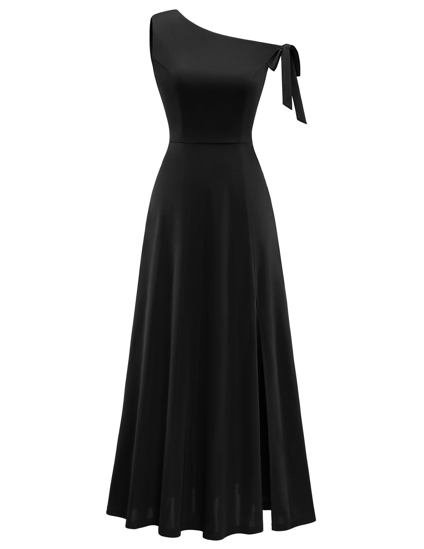 black Slanted Shoulder Strap Slit Dress