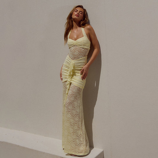 yellow halterneck lace sleeveless backless dress
