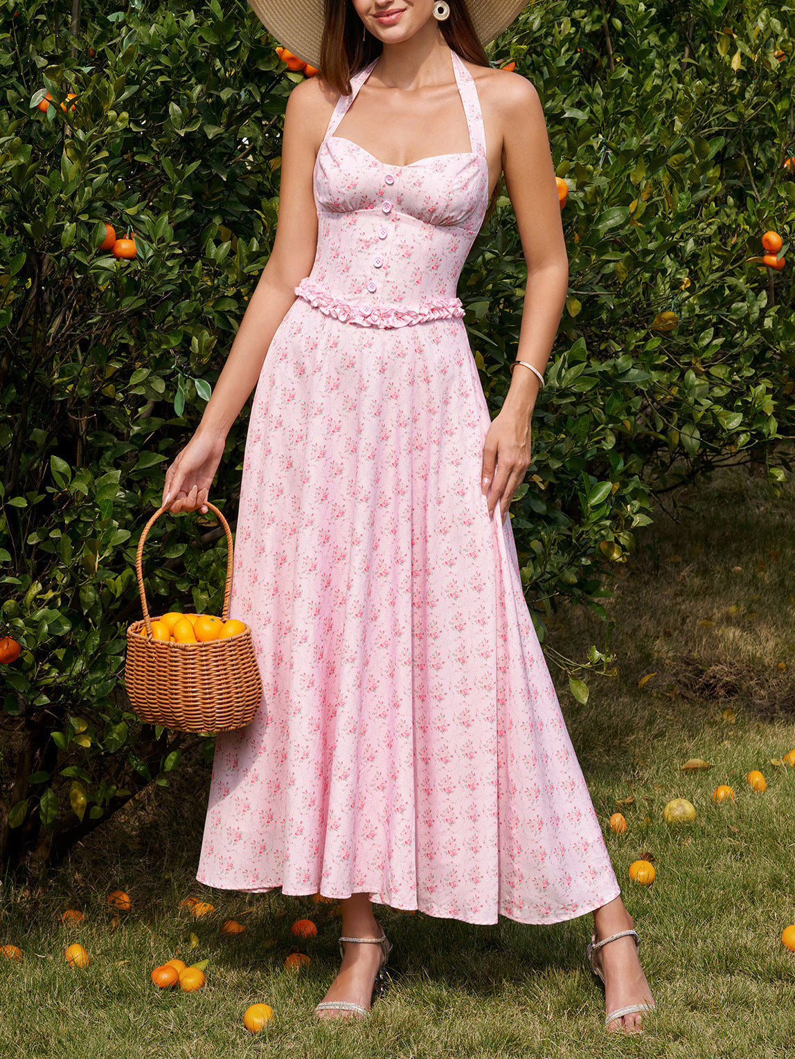 pink print Backless Halter-neck Tie-Up maxi Dress