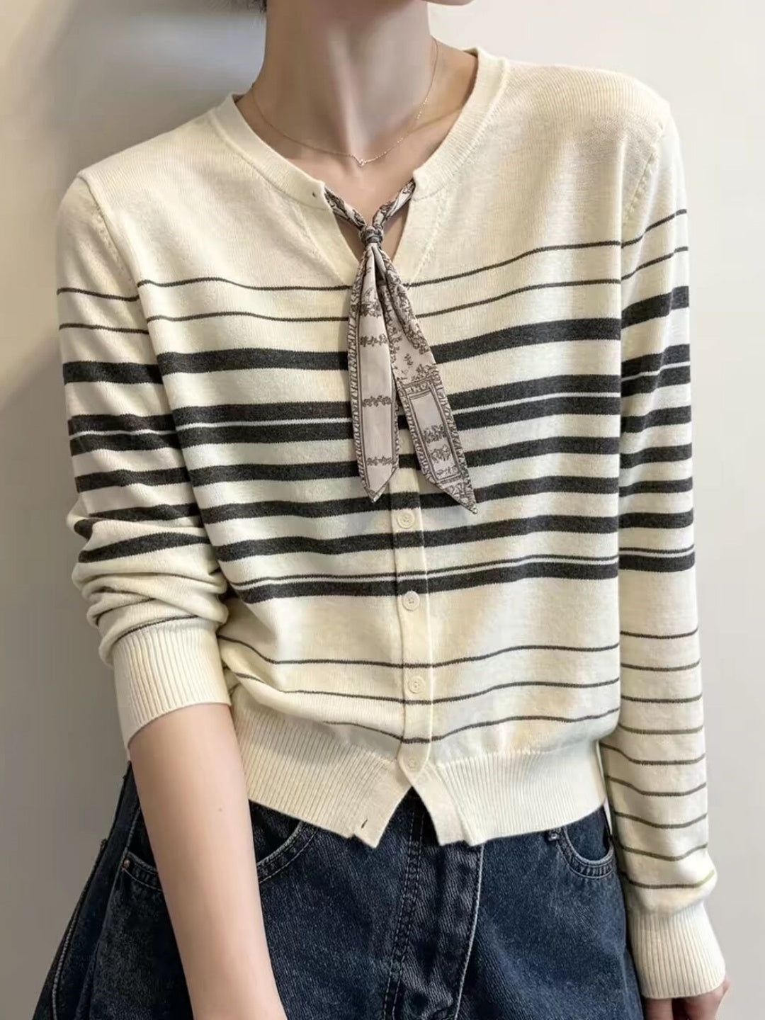 Striped Silk Scarf-Style Necktie Cardigan
