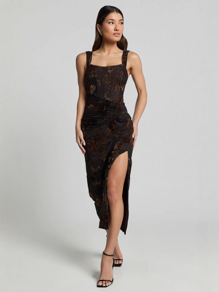 black lace slip midi dress
