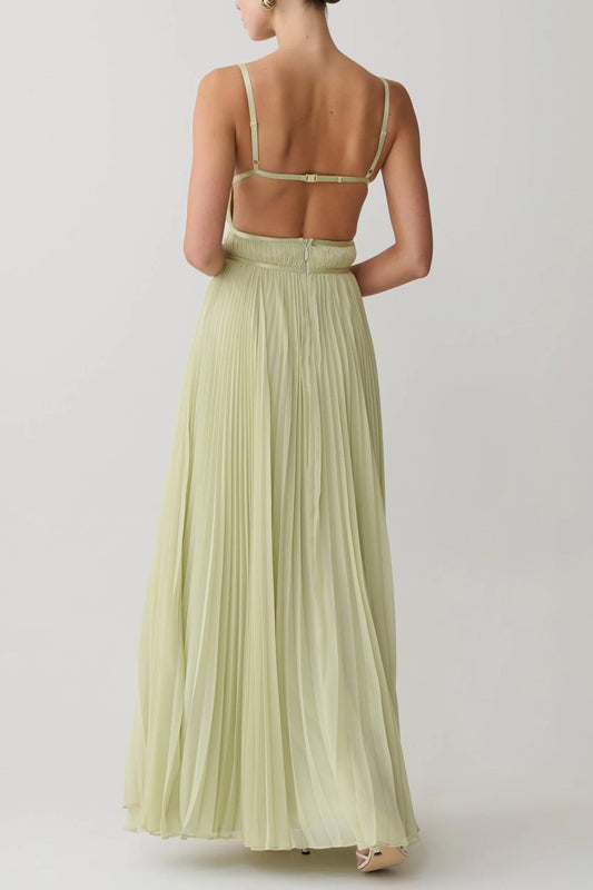 yellow pleated cinched backless slip dress