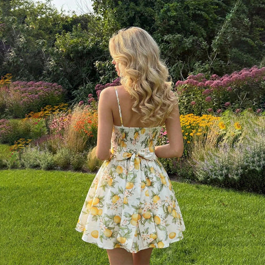 Lemon Bow Floral Suspender Waist Open Back Dress