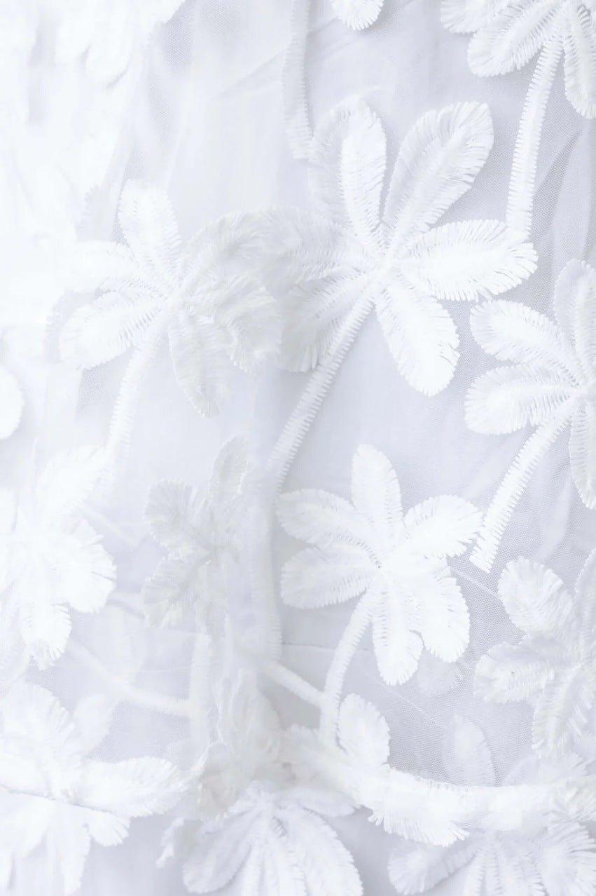 White 3D Floral Spaghetti Strap Tiered Midi Dress