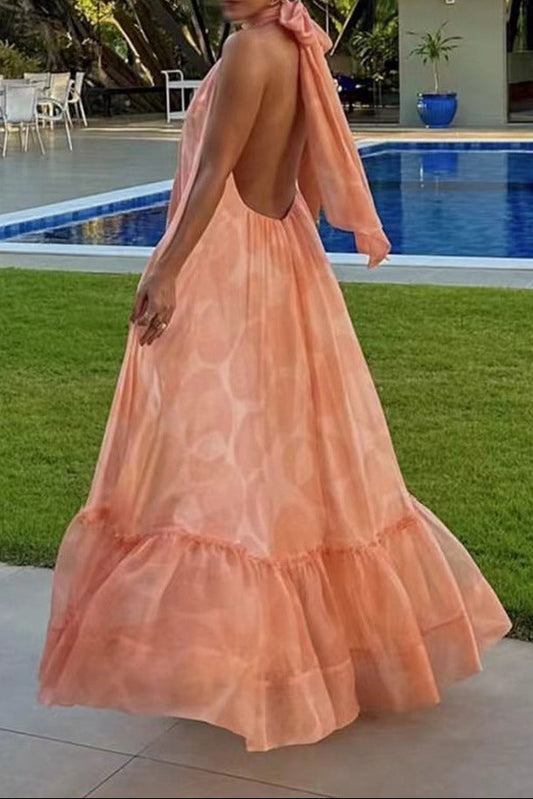 Backless halter neck sleeveless full skirt ruffle dress