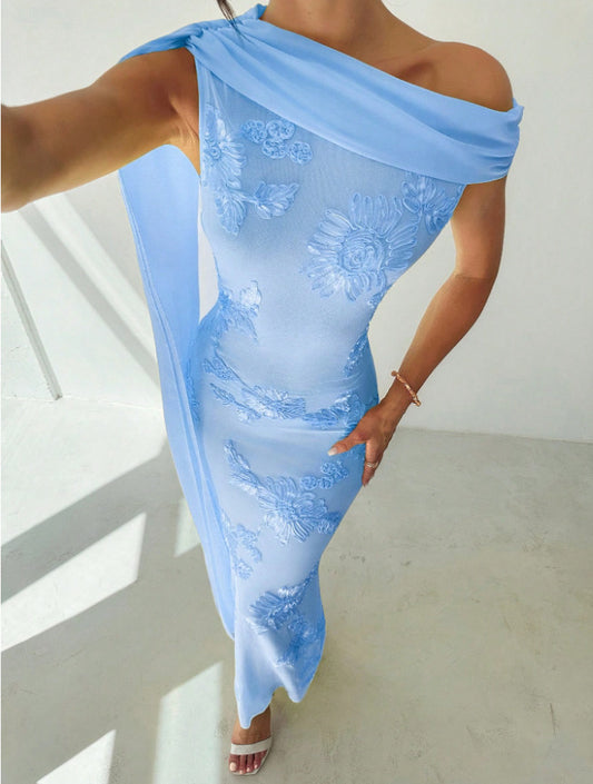 blue three-dimensional floral hip hugging sloping shoulder streamer maxi dress