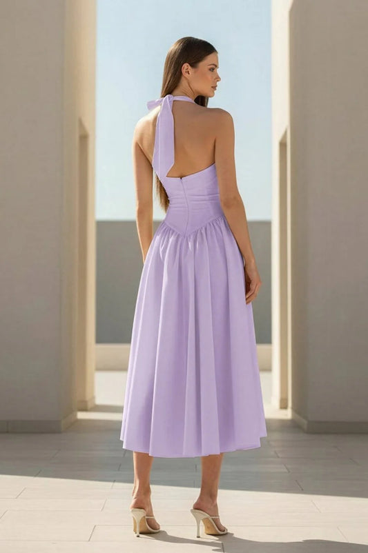 purple Halter Strappy Backless midi Dress