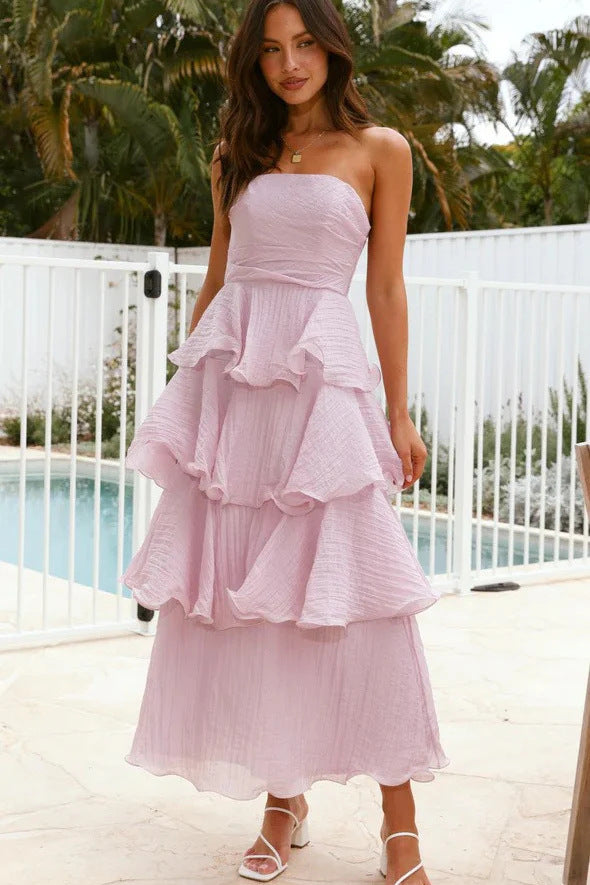 Boned strapless backless tiered midi dress