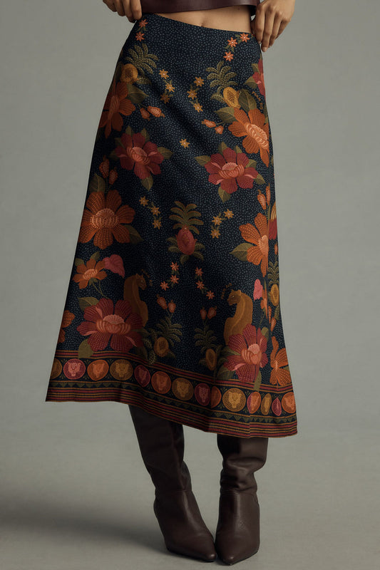 Resort-style floral printed A-line midi skirt