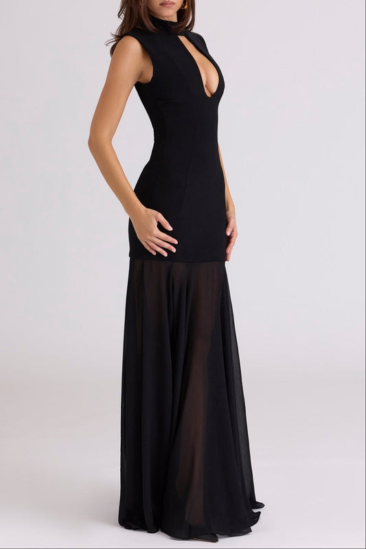 black mesh patchwork maxi dress