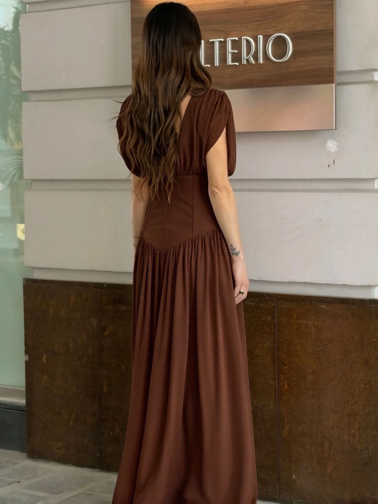 brown pleated V-neck sleeveless asymmetrical dress