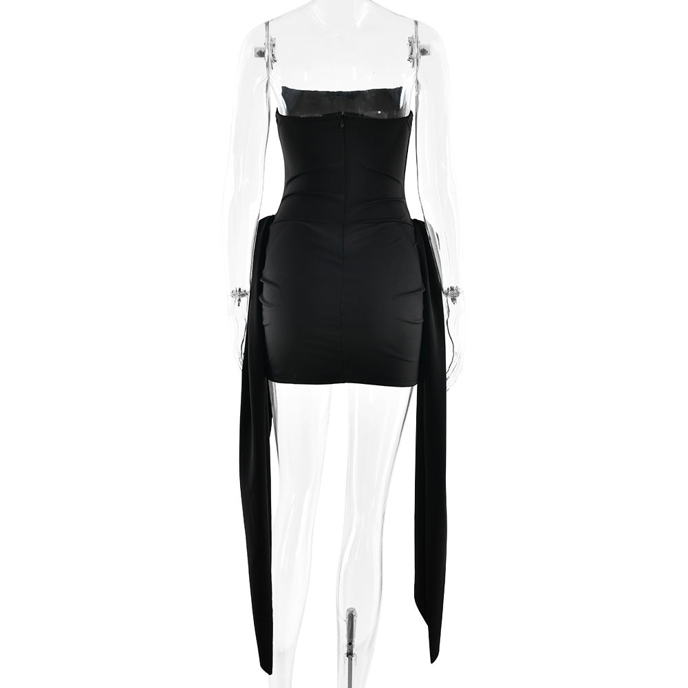 black open back bandeau streamer mini dress