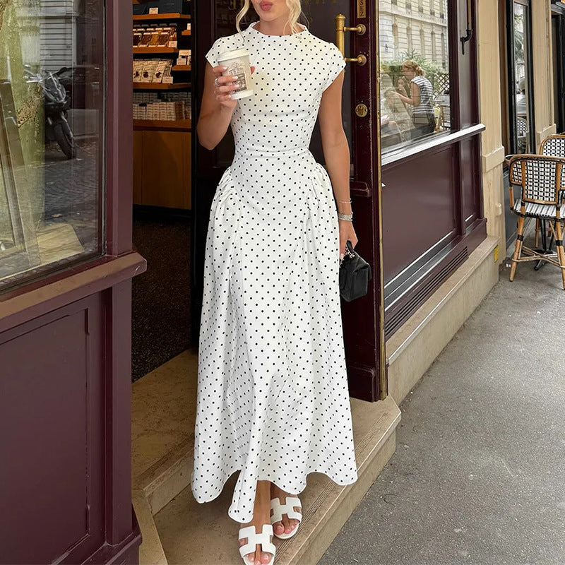 polka dot crew neck waist slimming big swing dress