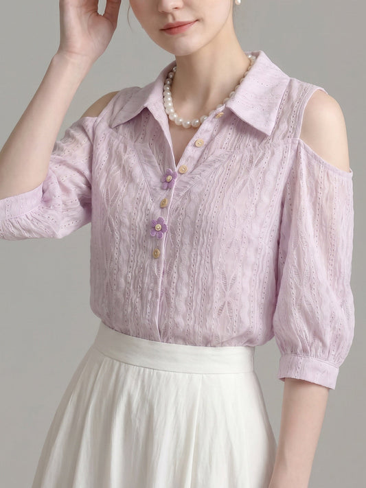 Cold Shoulder Collared Eyelet Blouse With 3D Floral Buttons