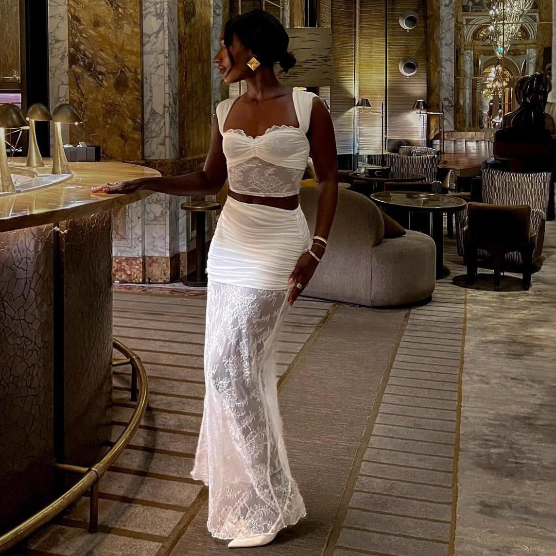 white lace suit skirt see-through top skirt two-piece set