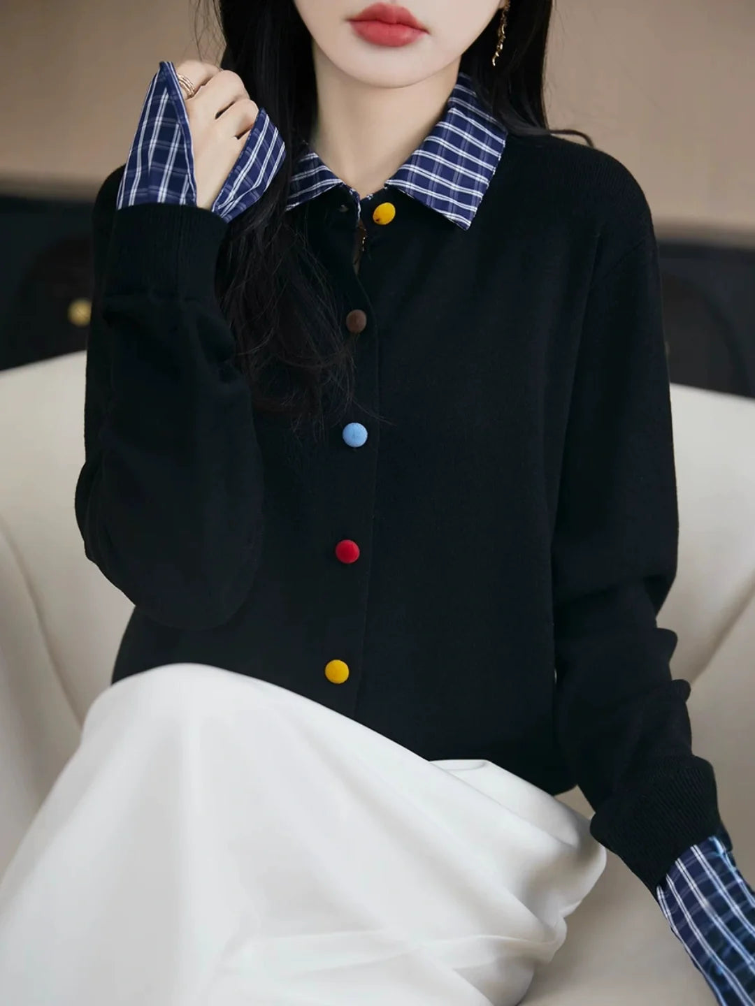 Faux-layered Plaid Collared Cardigan