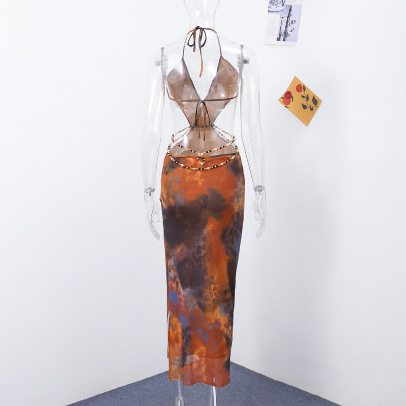 Deep V-neck side-slit maxi dress with plunging neckline