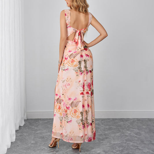 floral printed slip slit backless pleated dress