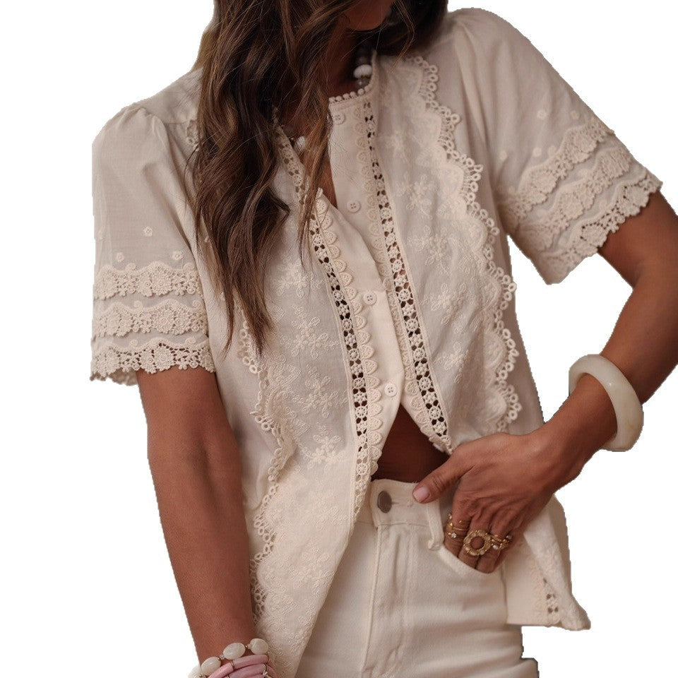 lace embroidered short-sleeved shirt