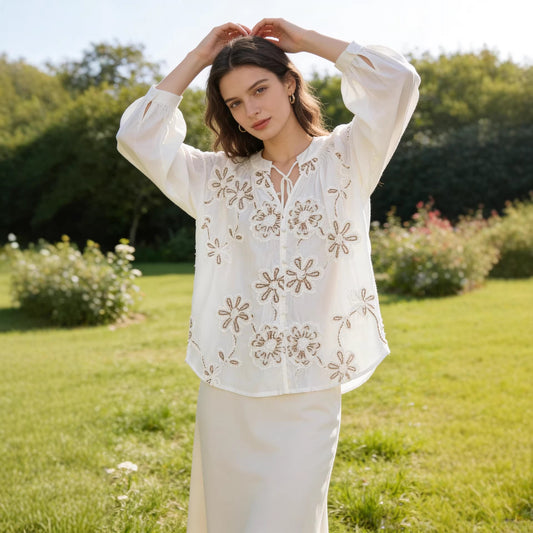 lower embroidery versatile stand-up collar long sleeve shirt