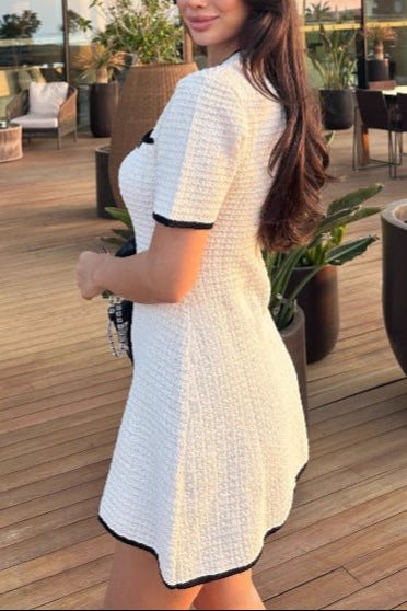 white knitted short-sleeved button-down mini dress