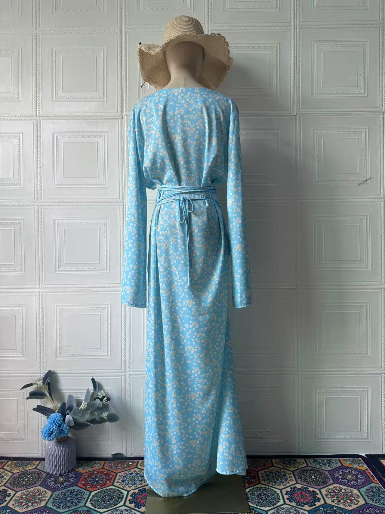 blue V-neck long-sleeved maxi dress