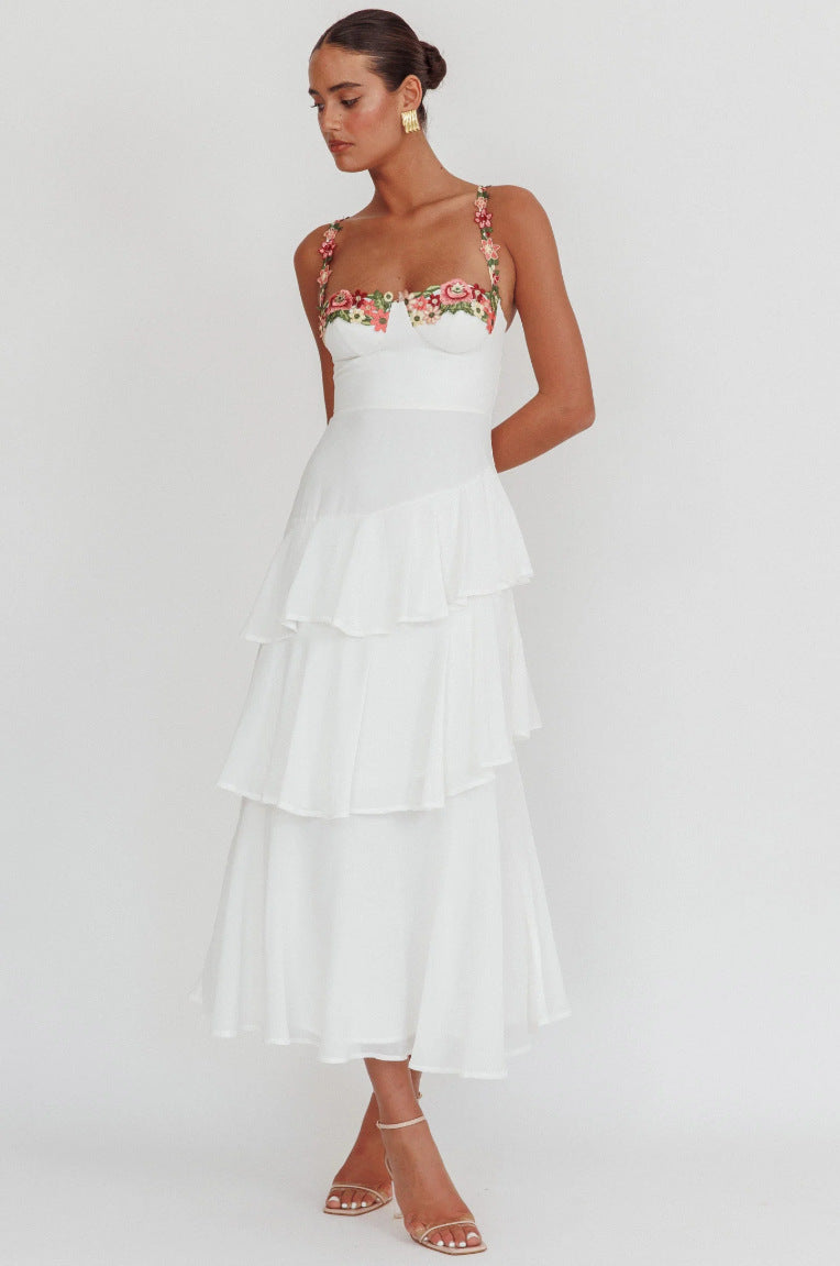 white Cascading Ruffle Floral Decorative Dress