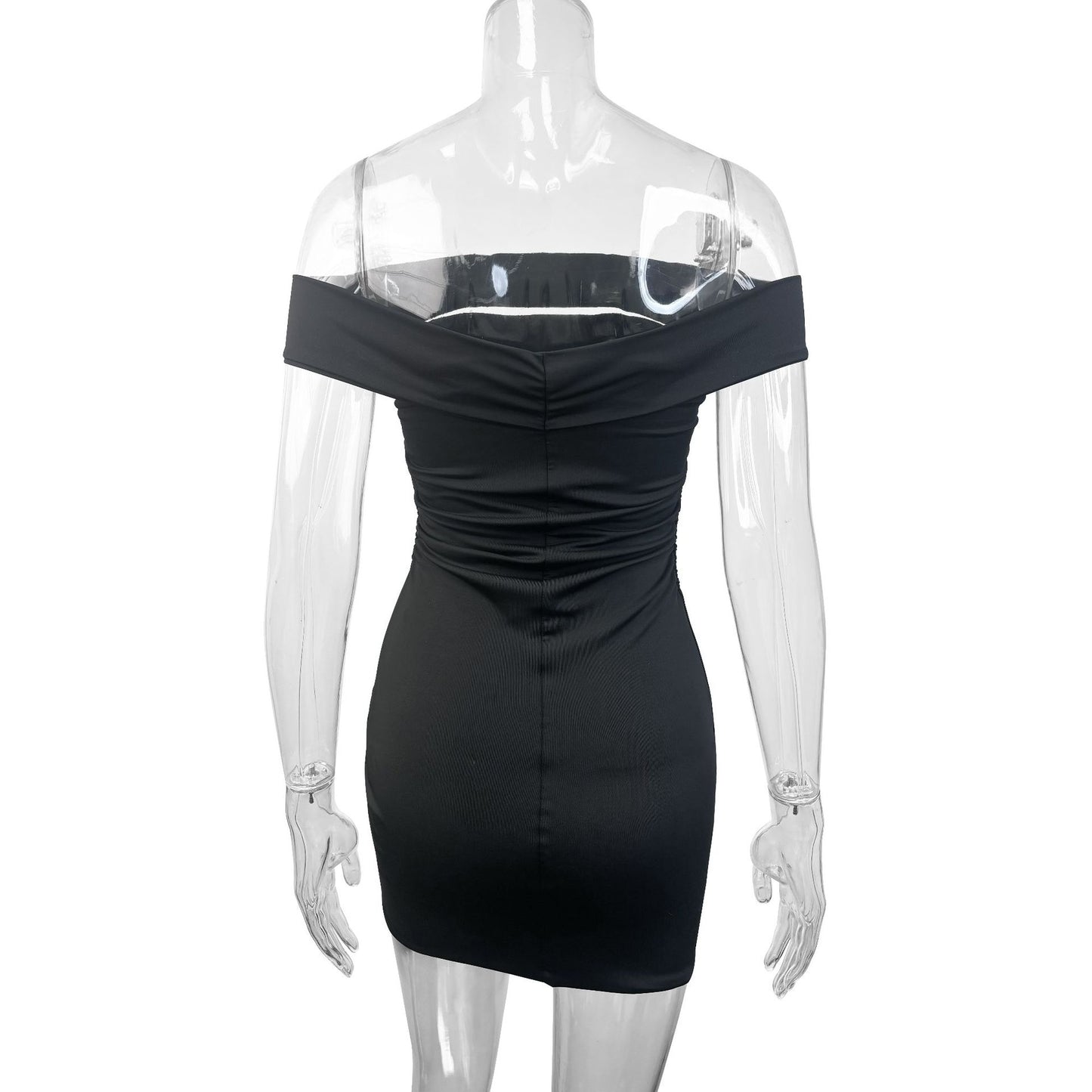 black Off-the-shoulder bodycon pleated mini dress