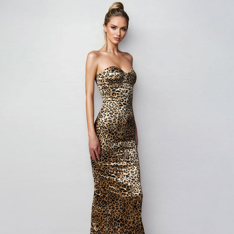 Leopard Print Strapless Bust-Wrapping Slit Dress