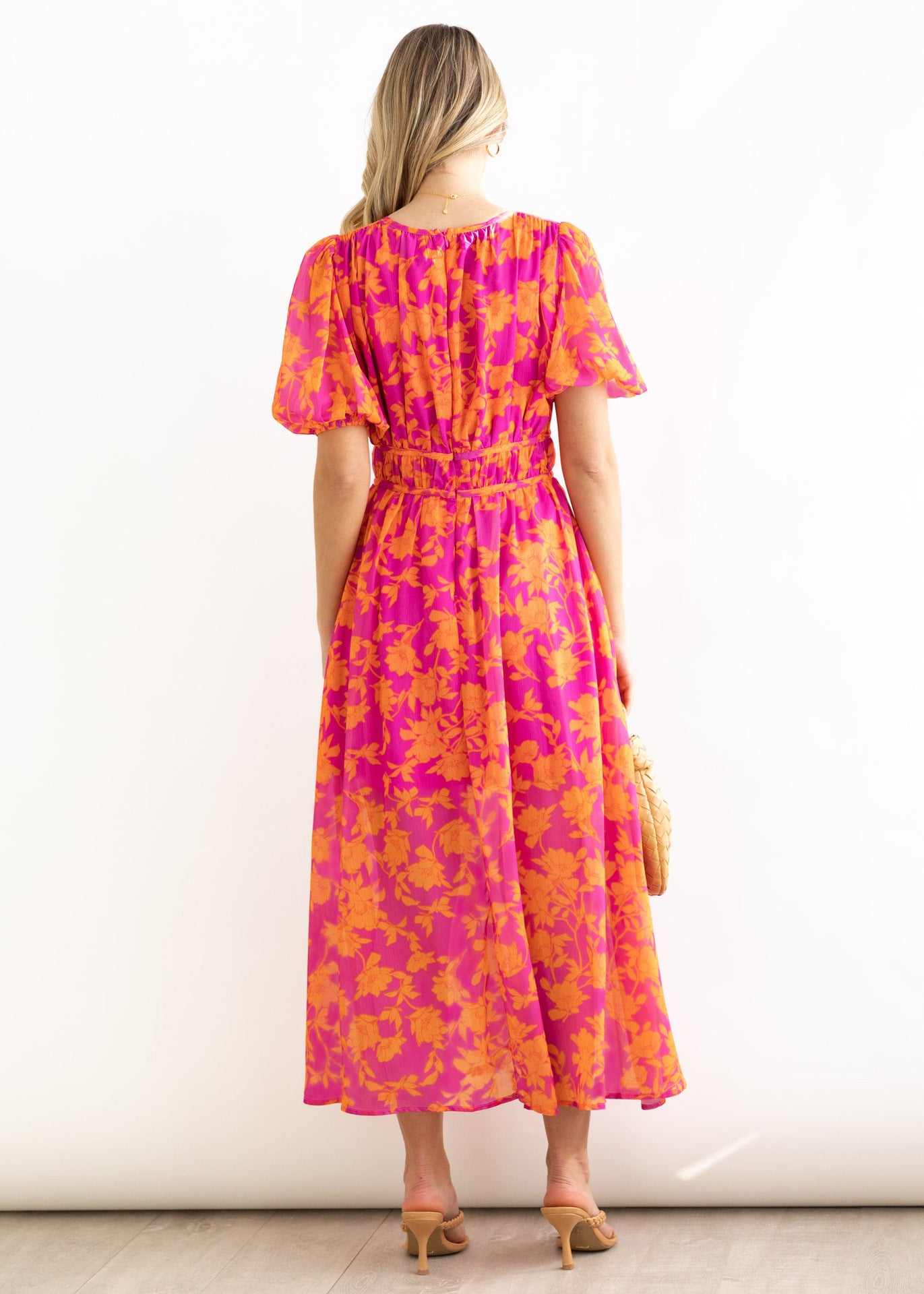 v-neck floral print puff sleeve midi dress - red